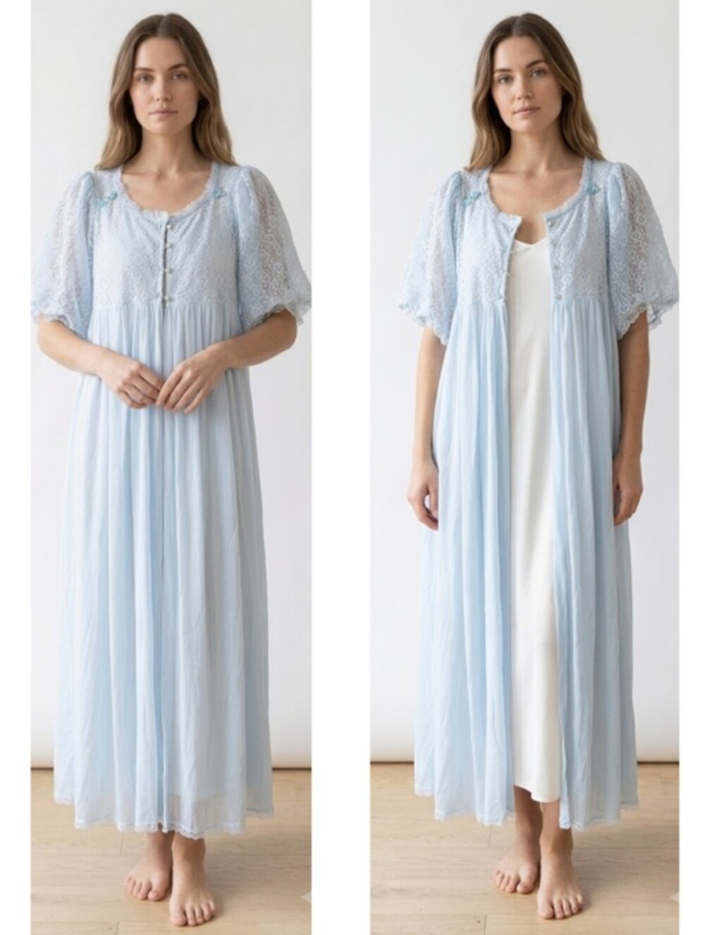 Vtg GMC Powder Blue Grannycore Lace Bodice Long Nightgown Intimates Robe S